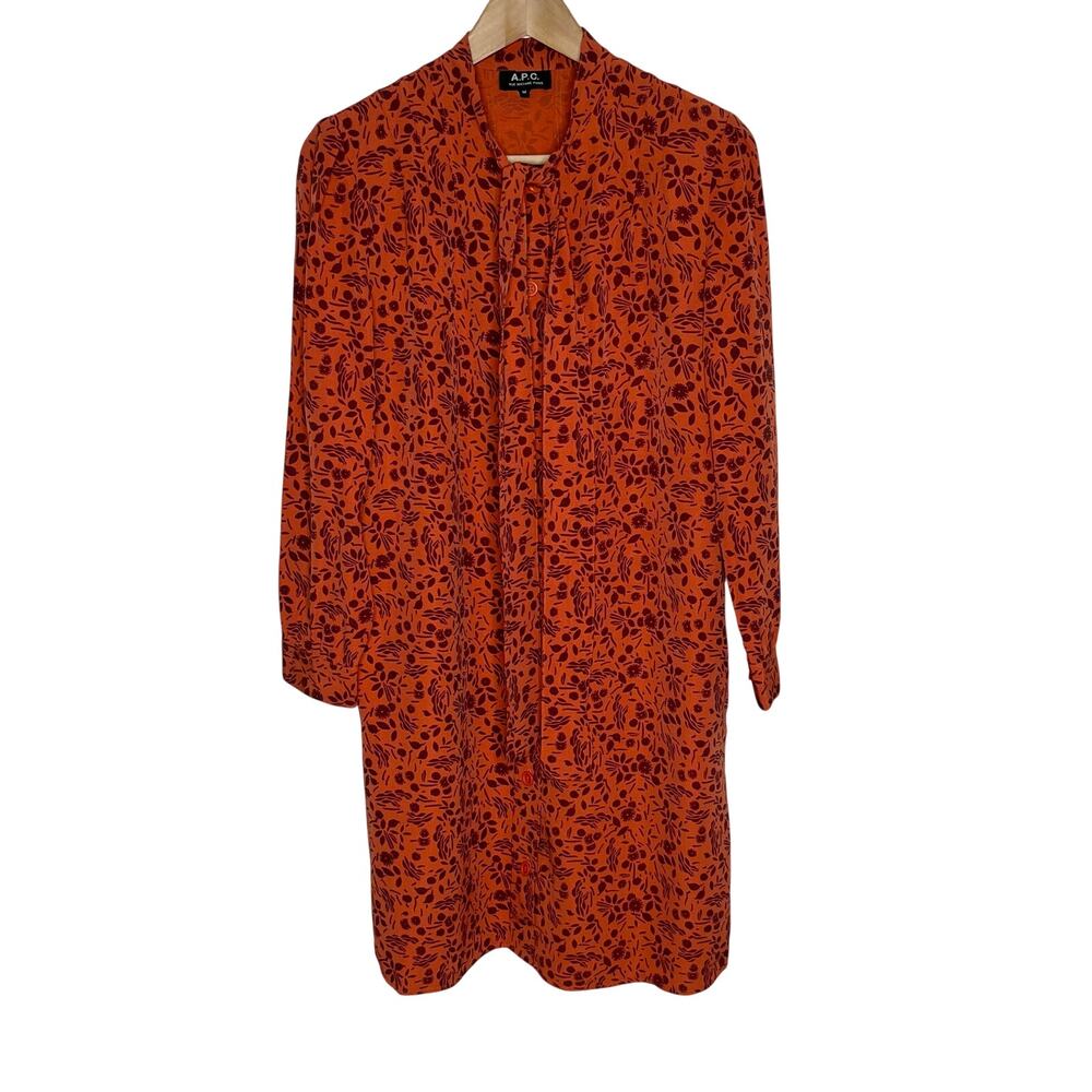 A.P.C Long Sleeve Shirt Dress Womens Medium Orange Floral Tie Neck Pockets